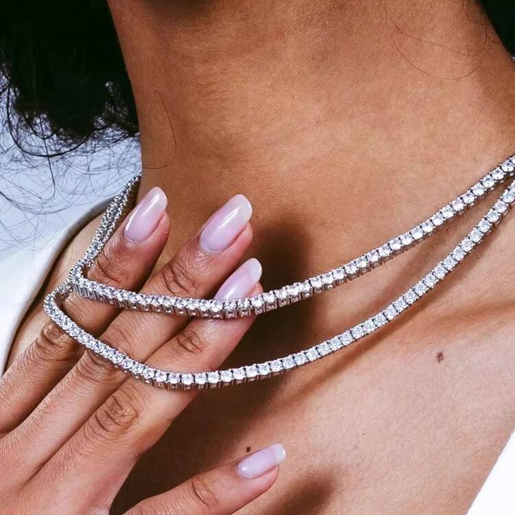 RINNTIN BSC47 Solid 925 Sterling Silver Tennis Chain Necklace Womens 3mm Round Moissanite Tennis Necklace