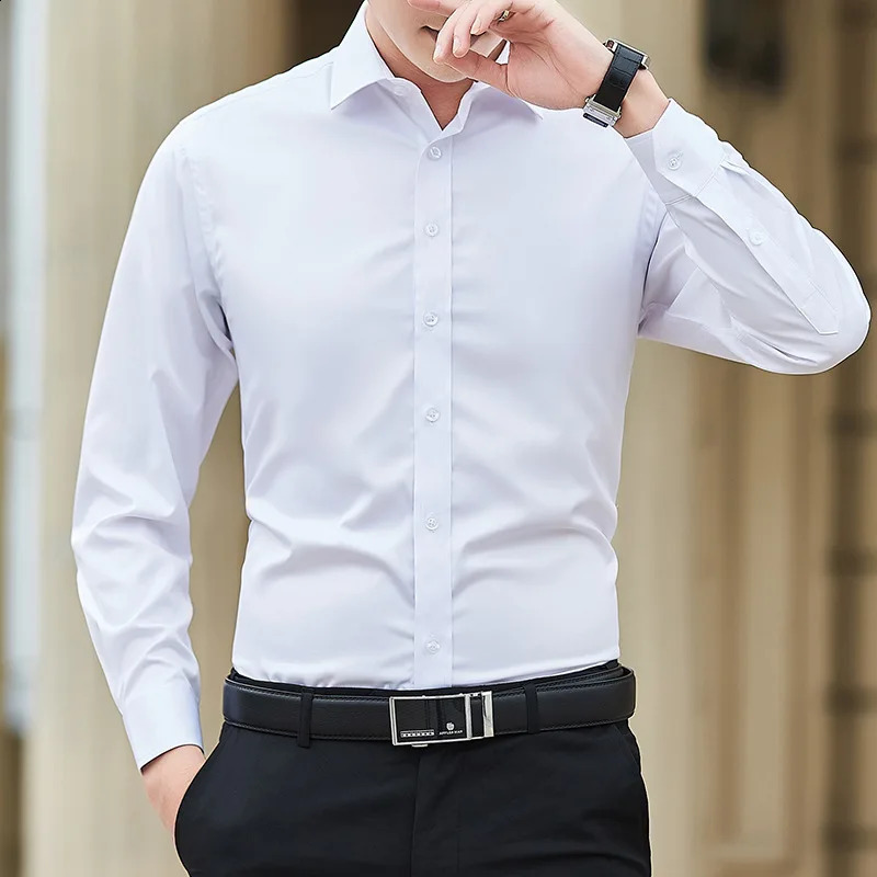Plus Size Men Solid Color Business Shirt Fashion Classic Basic Casual Slim White Long Sleeve Shirt Clothes 250920