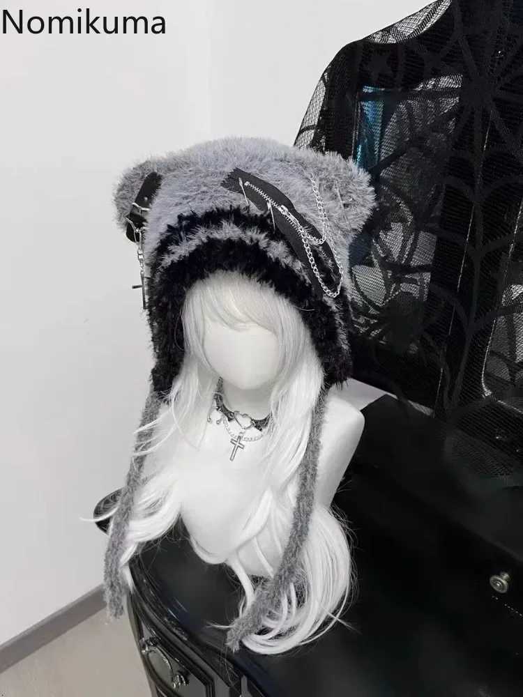 Harajuku Gothic Lolita Y2K Knitted Cat Ear Hat Wen Punk Designer Cross Bat Winter Black Beanie Cute Hat Fem Accories C Y250920