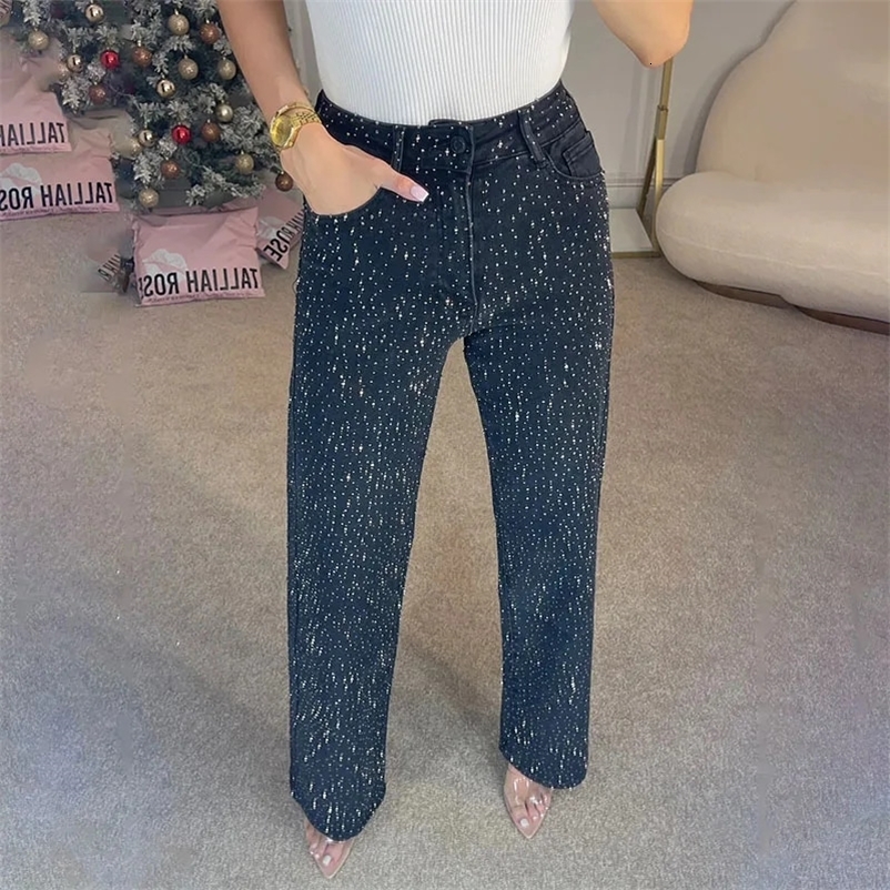Y2k Women Shiny Rhinestone Denim Pants Wide Leg Straight Full Diamond Jeans for Female Dragging High Street Outwear Trousers 250920