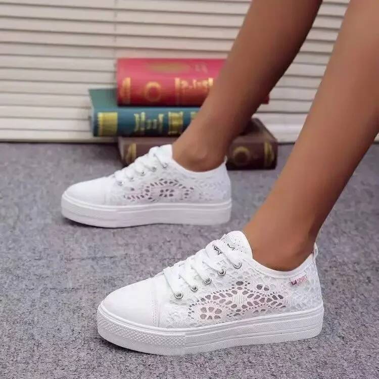 Women 2023 Fashion Summer Casual White Cutouts Lace Hollow Breathable Platform Flat Shoes Woman Sneakers ddmypanda