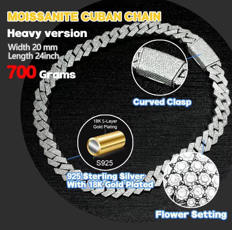 Iced Out Diamond Necklace 8 10 12 15 18 20 mm Width VVS Mossanite Chains S925 Silver Iced Out VVS Moissanite Cuban Link Chain