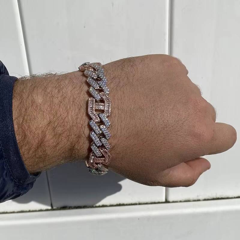 15mm Luxury Diamond Hip Hop Jewelry 925 Silver Baguette Cut Double D Moissanite Iced Out Cuban Link Bracelet