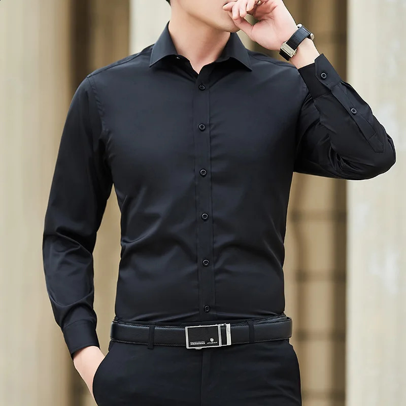 Plus Size Men Solid Color Business Shirt Fashion Classic Basic Casual Slim White Long Sleeve Shirt Clothes 250920