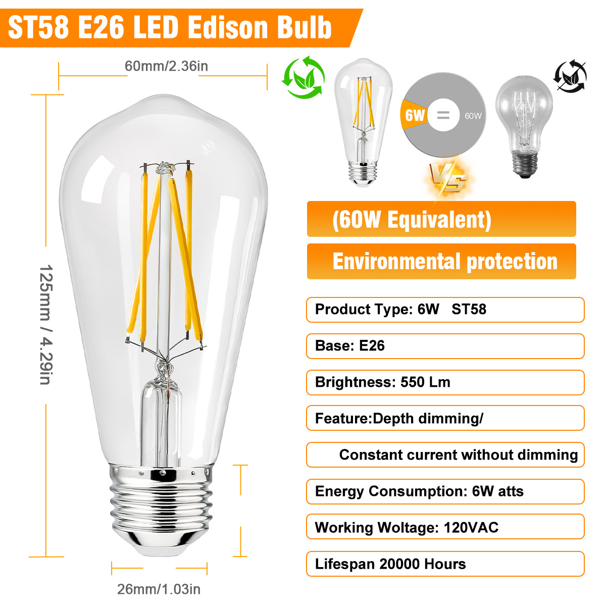 ST58 E26 LED Edison Bulb 6W Dimmable, 60W Equivalent Vintage Glass Light Bulbs, 550LM 2200K-6000K Adjustable Color Temperature, 6-Pack for Home Cafe D