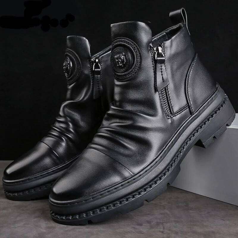 Men's Motorcycle Leather British Style Round Head High Top Shoes Side Zip Walking Casual Platform Boots Bota Masculina