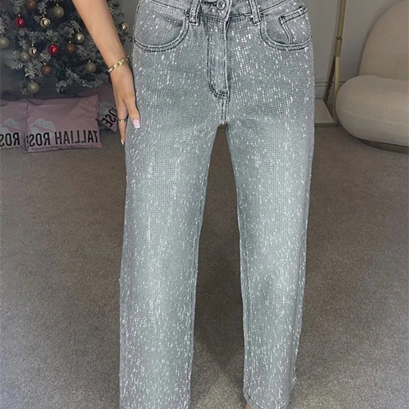 Y2k Women Shiny Rhinestone Denim Pants Wide Leg Straight Full Diamond Jeans for Female Dragging High Street Outwear Trousers 250920