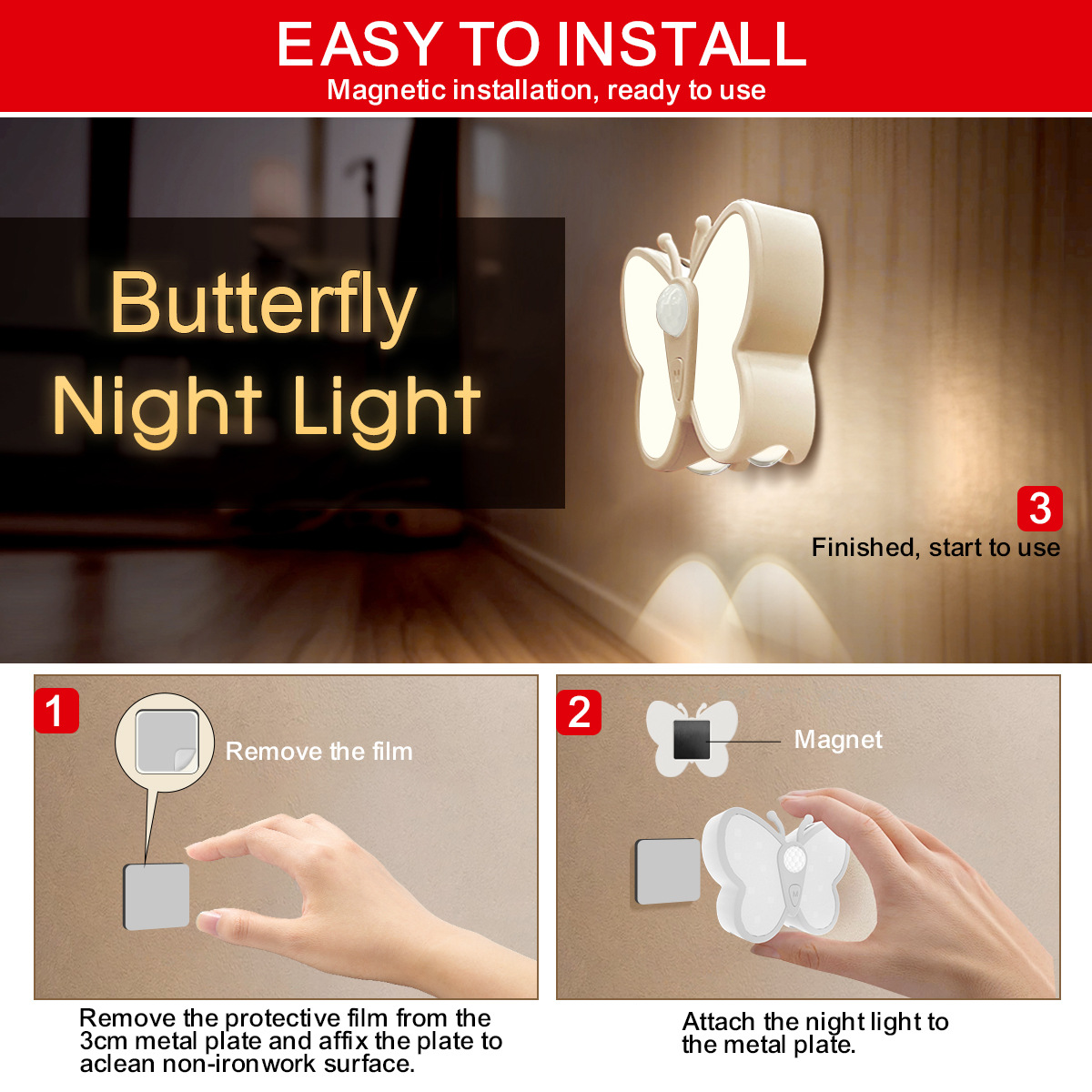 FireOnSky Butterfly 3 - Color Motion Sensor Night Light, USB Rechargeable & Magnetic Installation-HCP258