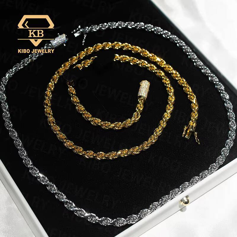 Hip Hop Rope Chain Gold Plated White Gold Plated 925 Sterling Silver Moissanite Rope Chain Clasp Rope Chain
