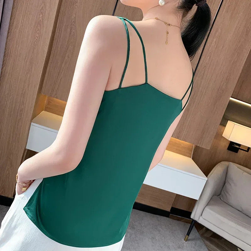 Ice Silk Camisole Womens Vneck Tops White Satin Camis Mulberry Summer Ladies Crop Top Women Solid Blouse Vest 250920