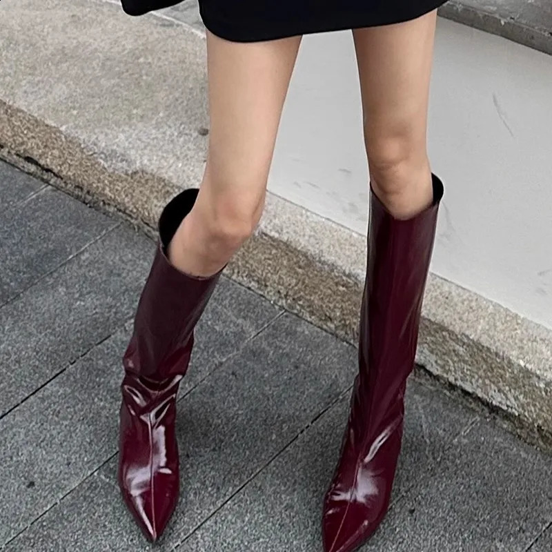 Burgundy Patent Leather HighTop Long Boots For Women Wine Red Pointed Toe Slip On Botas Largas De Mujer Kitten Low Heels Mature 250920