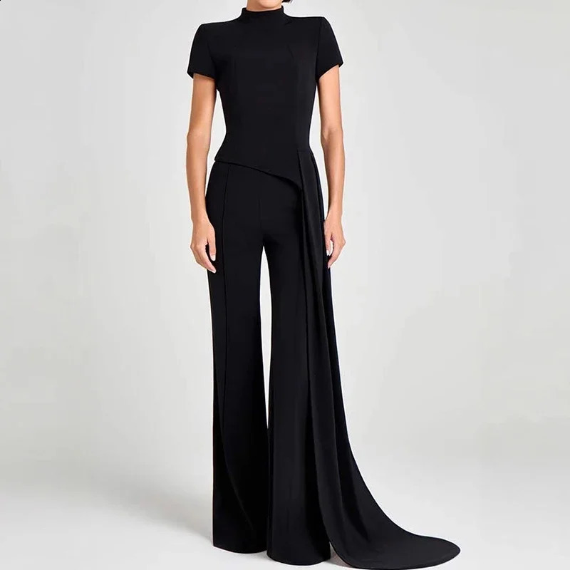Women Elegant Commuting 2Pc Suit Fashion Stand Collar Solid Color Irregular Set Casual Short Sleeve Pullover Long Pant Outfits 250920