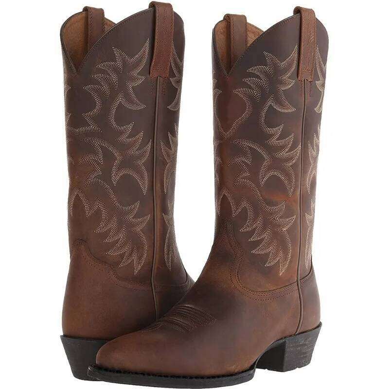 Men Handmade Leather Classics Embroidery Western Cowboy Boot Designer Pointed-toe Mid-calf Men's Knight Boots