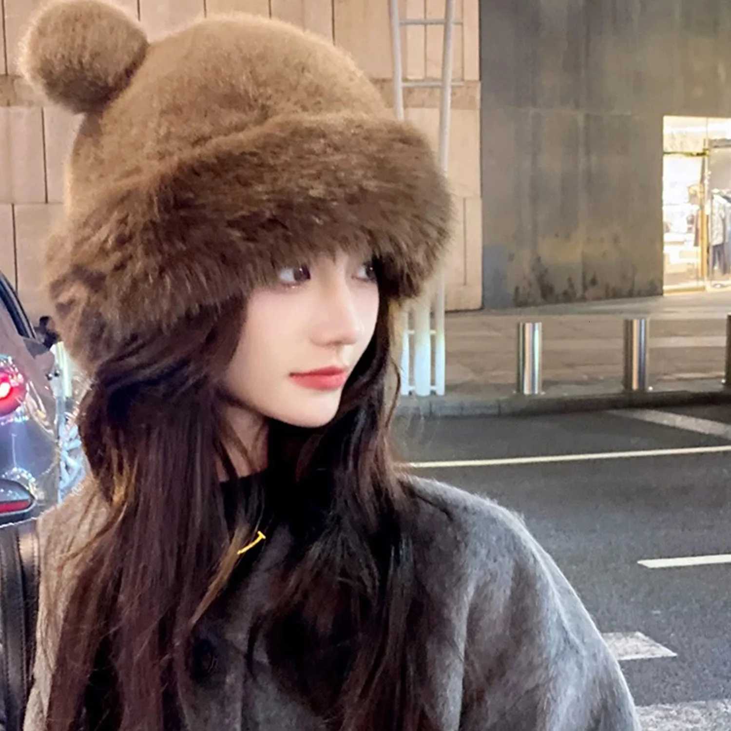 Cute Wen Solid Color P Hats Warm Autumn Winter Korean Little Bear Ears Cute Mongolian C Windproof Ear Protection Bonnets Y250920