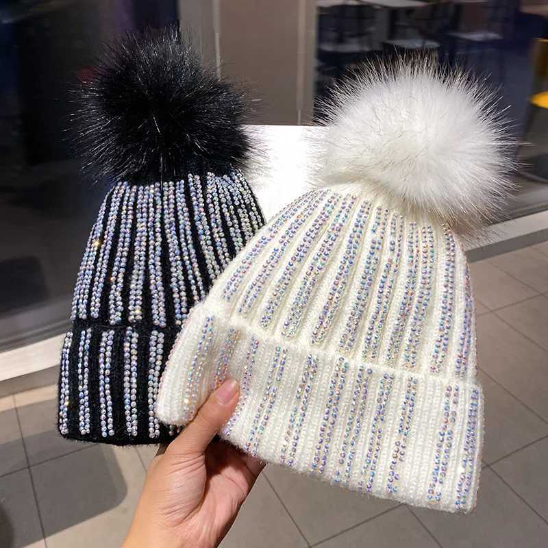 Mao Qiu Shui Diamond Striped Knitted Hat with P for Autumn and Winter Warm Woolen Hat Korean Outdoor band Cold Hat Y250920