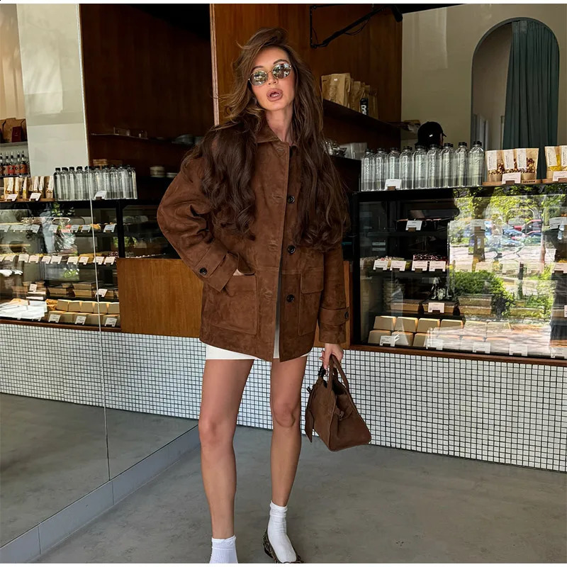 Women Dark Brown Suede Coats Lneck Pocket Single Breasted Long Sleeves Lady Fashion Autumn Highstreet Outerwear 250923