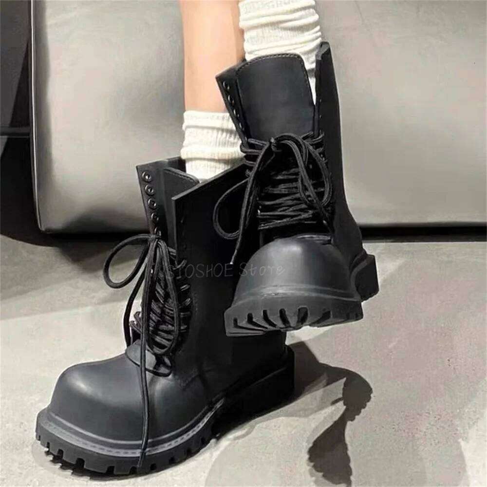 Thick Bottom Black for Men New Women Derby Toe Lace Up Short Boots Brand Design Male Big Size 40-45