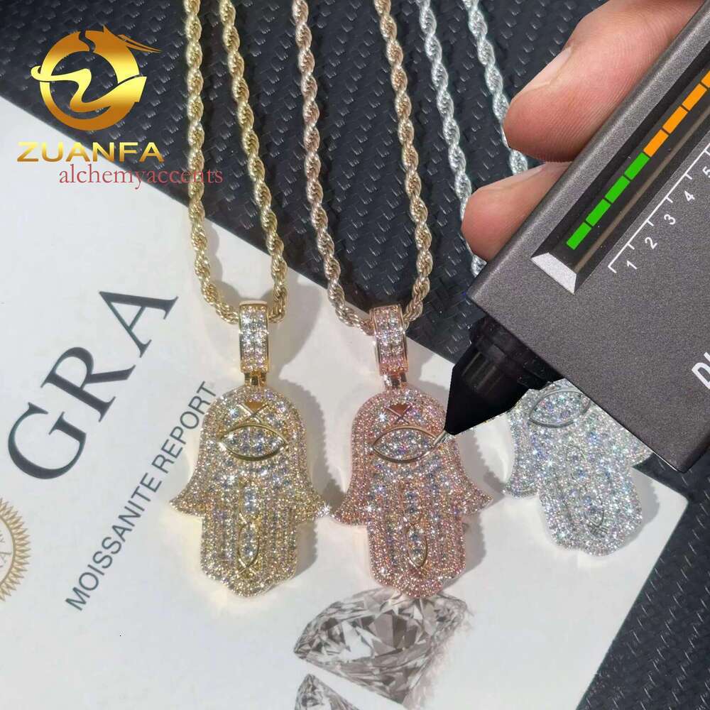 Ready to Ship Hip Hop Jewelry Hamsa Iced Out Sterling Sier Moissanite Pendant With Rope Chain for Men