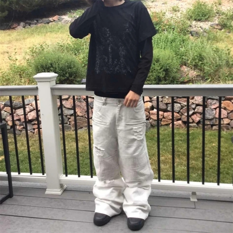 Y2K Retro White Jeans Pocket Versatile Holes Ruched Biker Denim Pants Fashion High Street Streetwear Unisex Baggy Pants 250919