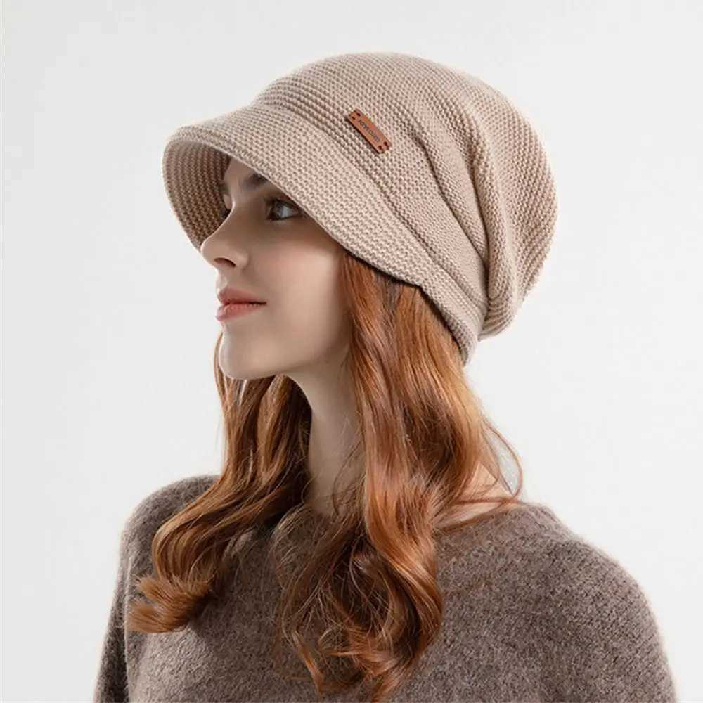 Autumn Winter Soft P Knitted Hat Wen Girl Warm Thicke Fleece Li Beanies Short Brim Casual Outdoor Windproof Bonnet Y250920