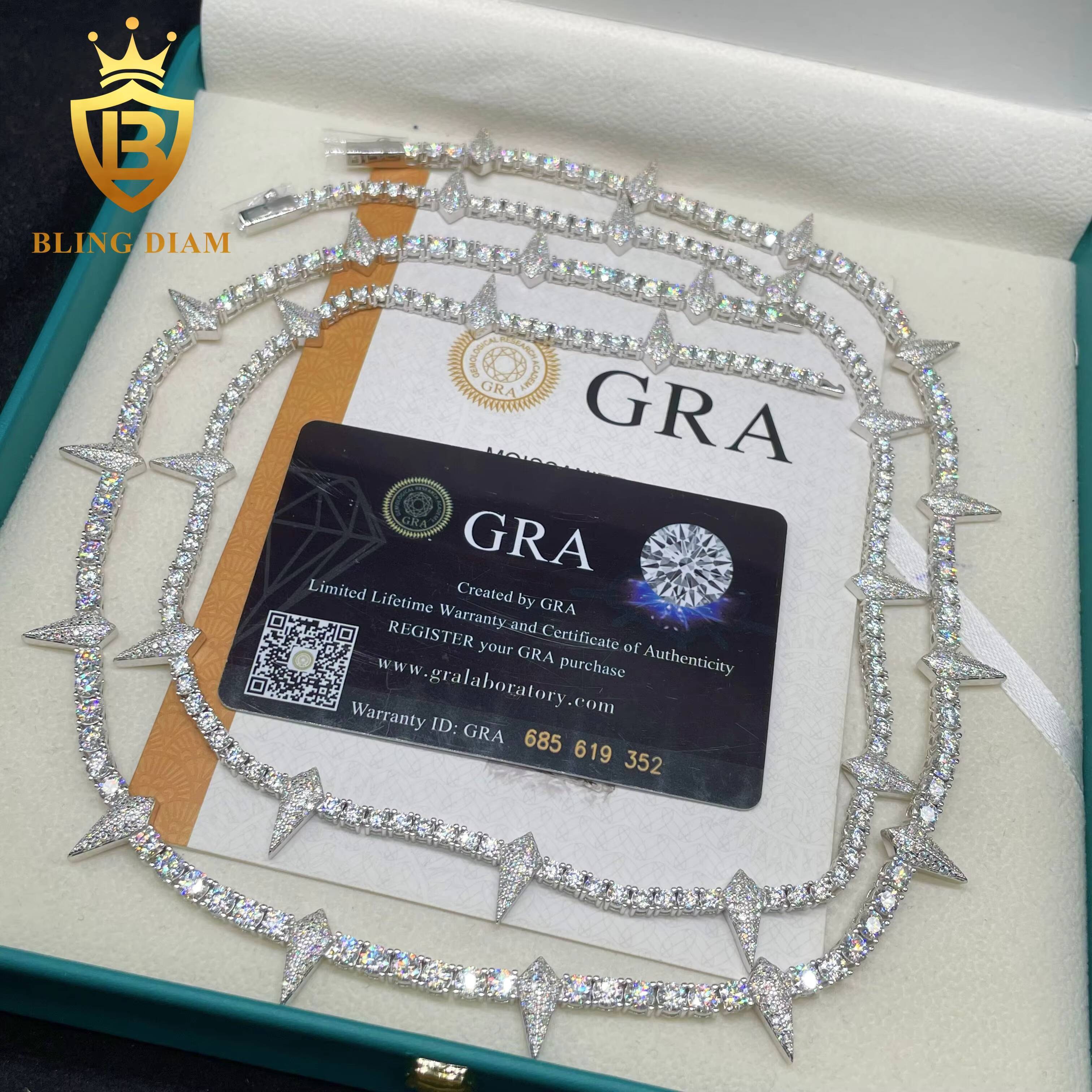 New Arrival Iced Out Jewelry 3MM 4MM Tennis Chain 925 Silver Thorny Style Moissanite Diamond Tennis Necklace GRA Certificate
