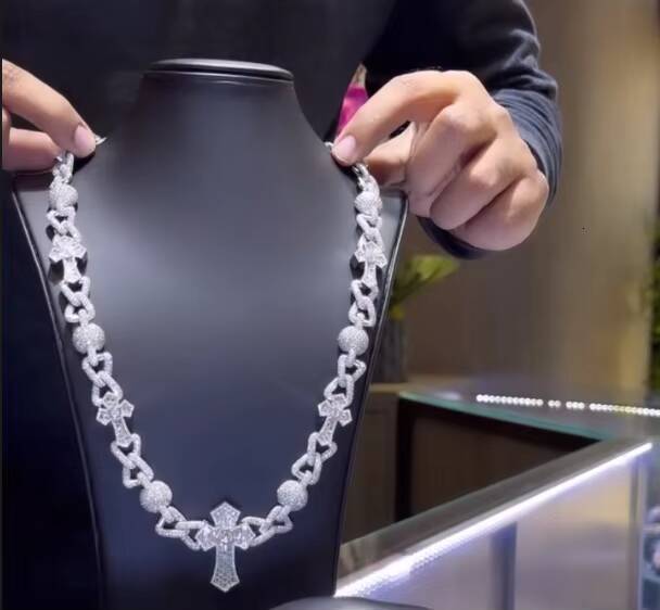 Iced Out Baguette VVS Moissanite Hiphop Cross Beads ChainBracelet 925 Sterling Silver Customized Trend Cuban Link Chain