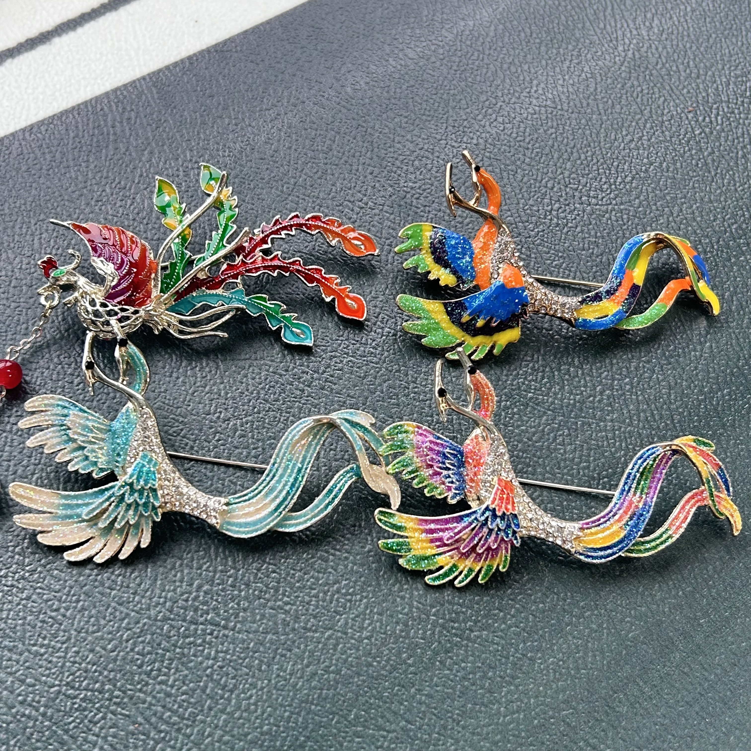 Trendy Rhinestone Exquisite The Golden And Green Phoenixes Fly Together Chinese Style Brooches For Women Luxury Designer Jewelry Niche High-end Brooch