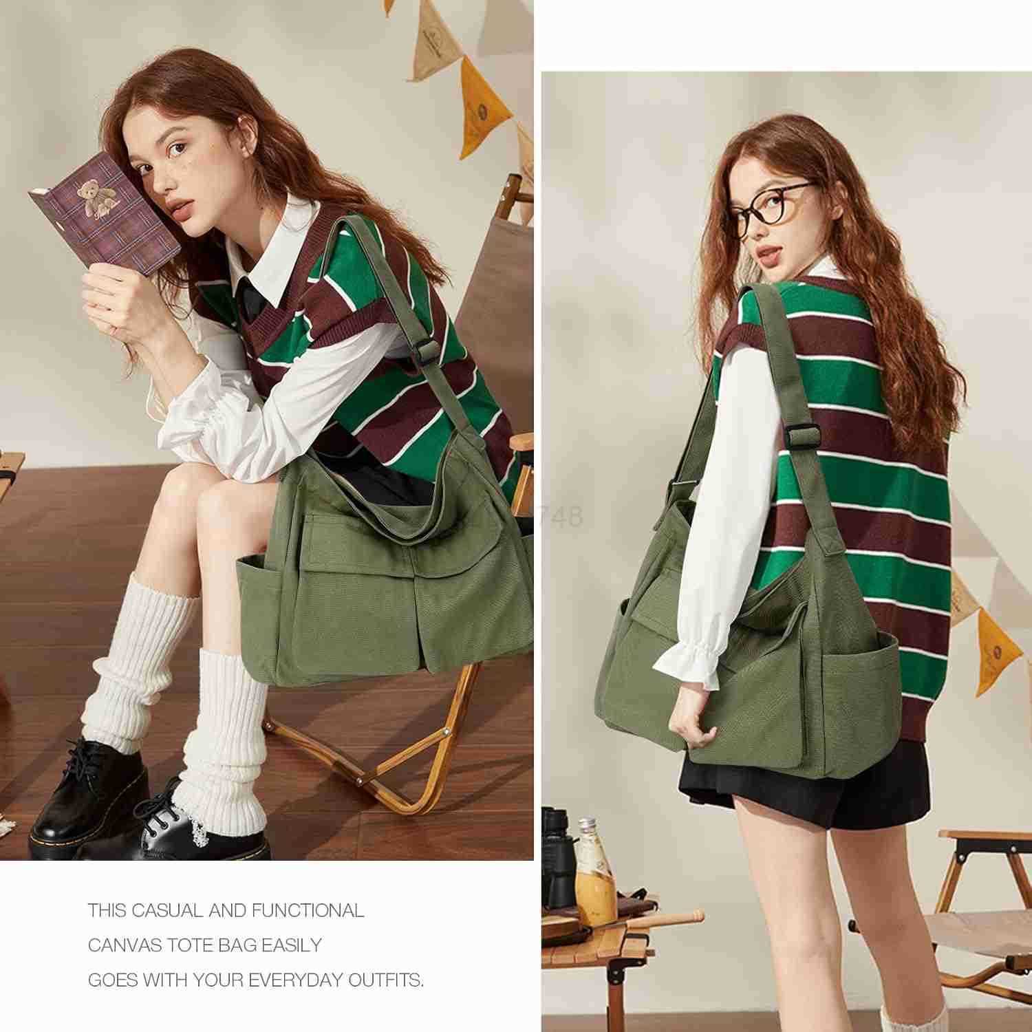 Canvas Messenger Bag Hobo Shoulder Bag Crossbody Bag with Multiple Pockets Large Tote Bag Handbag for Women MenZ250920