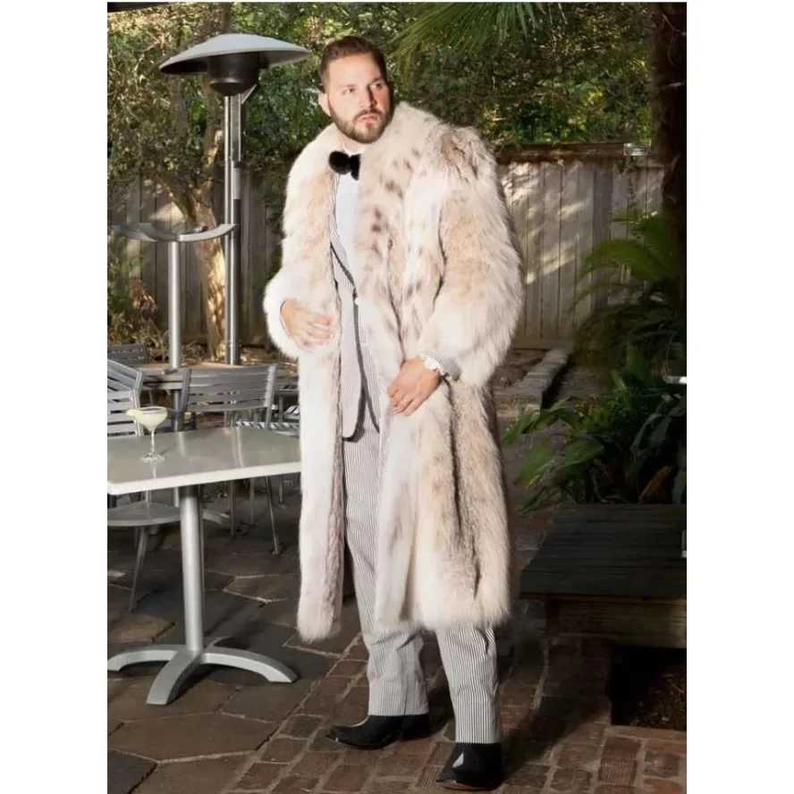 Luxury Brand Fur Coat Mens Midlength Faux Fur Jacket Lynx Leopard Print Faux Fur Coat Mens Winter Warm Mens CoatsXJ250920