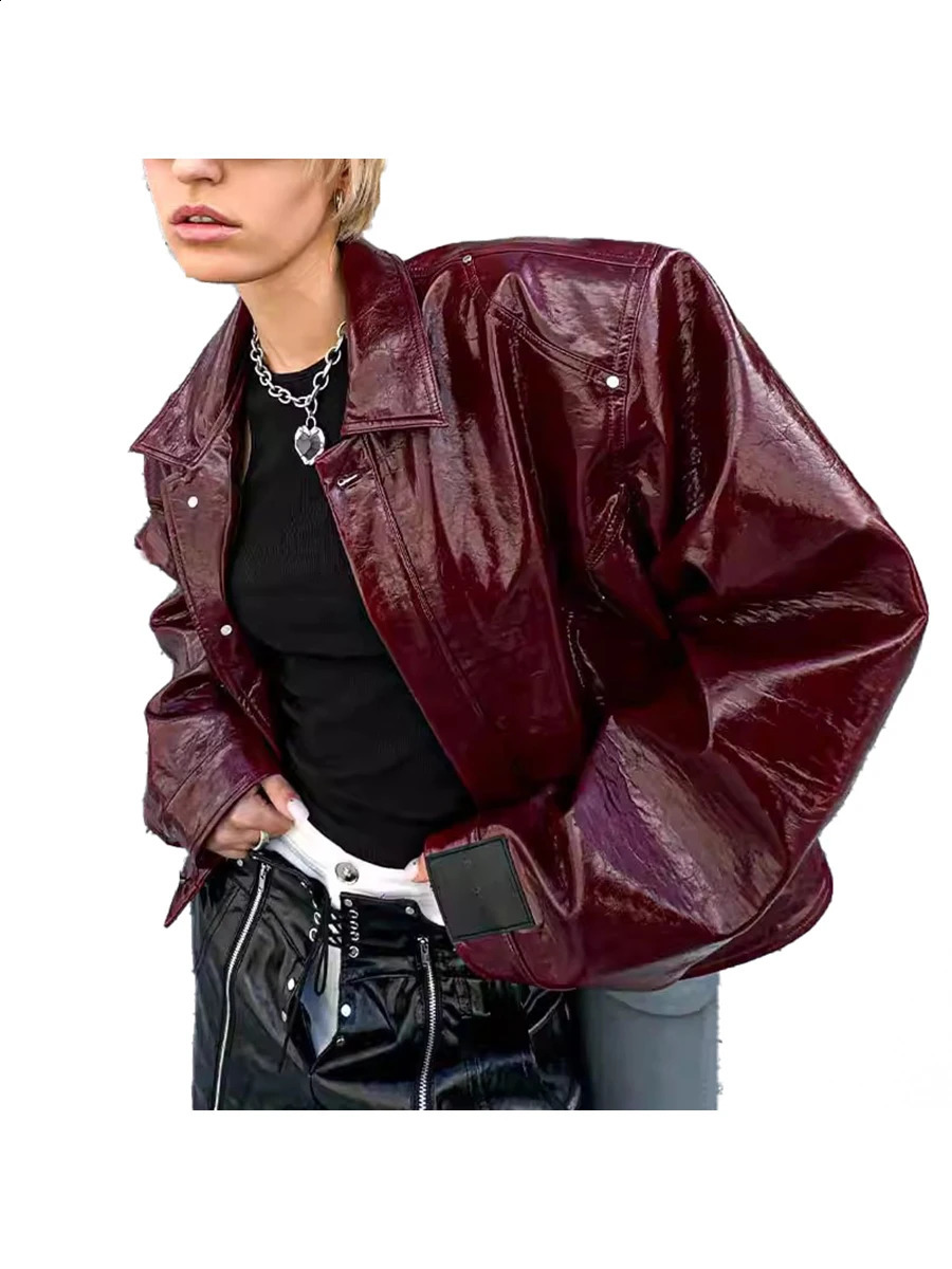 Lautaro Autumn Cool Short Oversized Pu Leather Jacket Women Shoulder Pads Zippper High Quality American Retro Punk Style Clothes 260618CJ - view 7