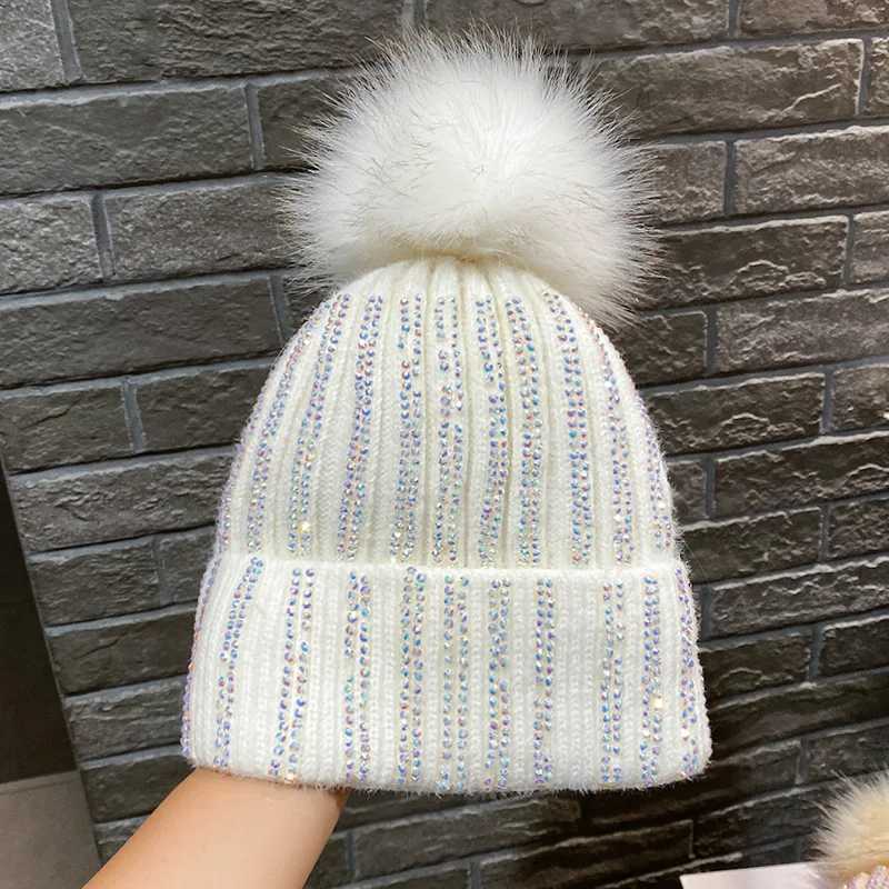 Mao Qiu Shui Diamond Striped Knitted Hat with P for Autumn and Winter Warm Woolen Hat Korean Outdoor band Cold Hat Y250920