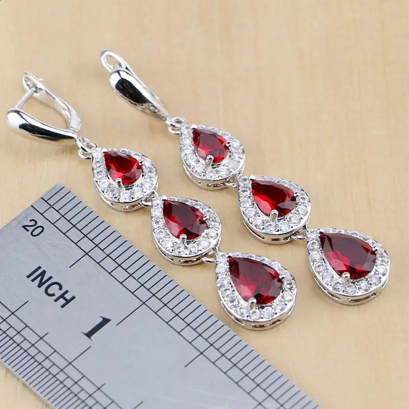 Water Drop Silver 925 Jewelry Red Ruby White Topaz Jewelry Sets Women Long EarringsPendantNecklaceRingsBracelet Drop 250920
