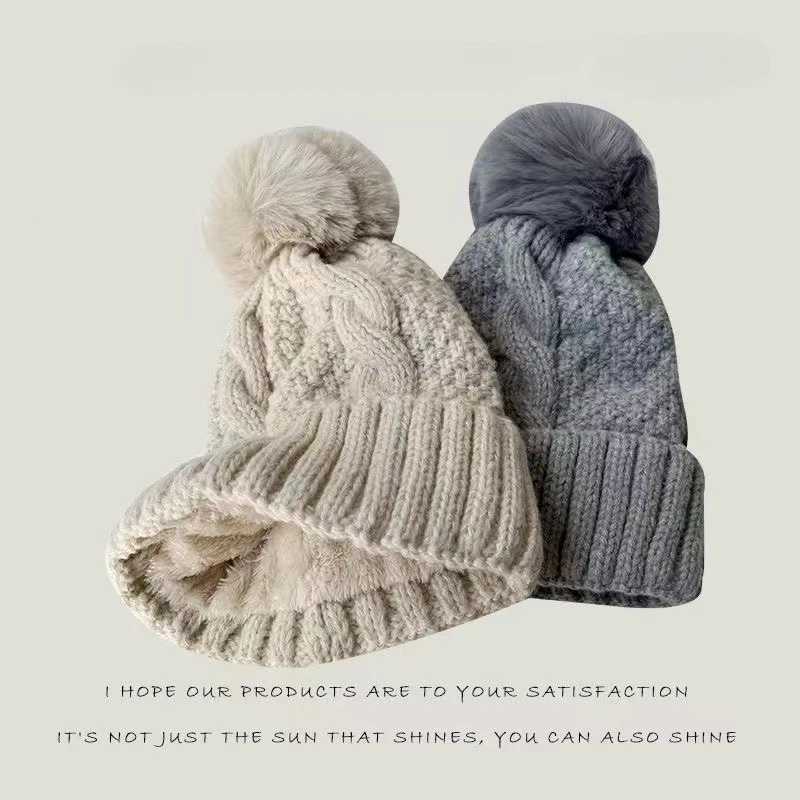 New Winter Twist Knitting Hat For Wen Fur Pp Thick P C Beanie Solid Color Ladies Warm Ski Snow Sklies Beanies Y250920