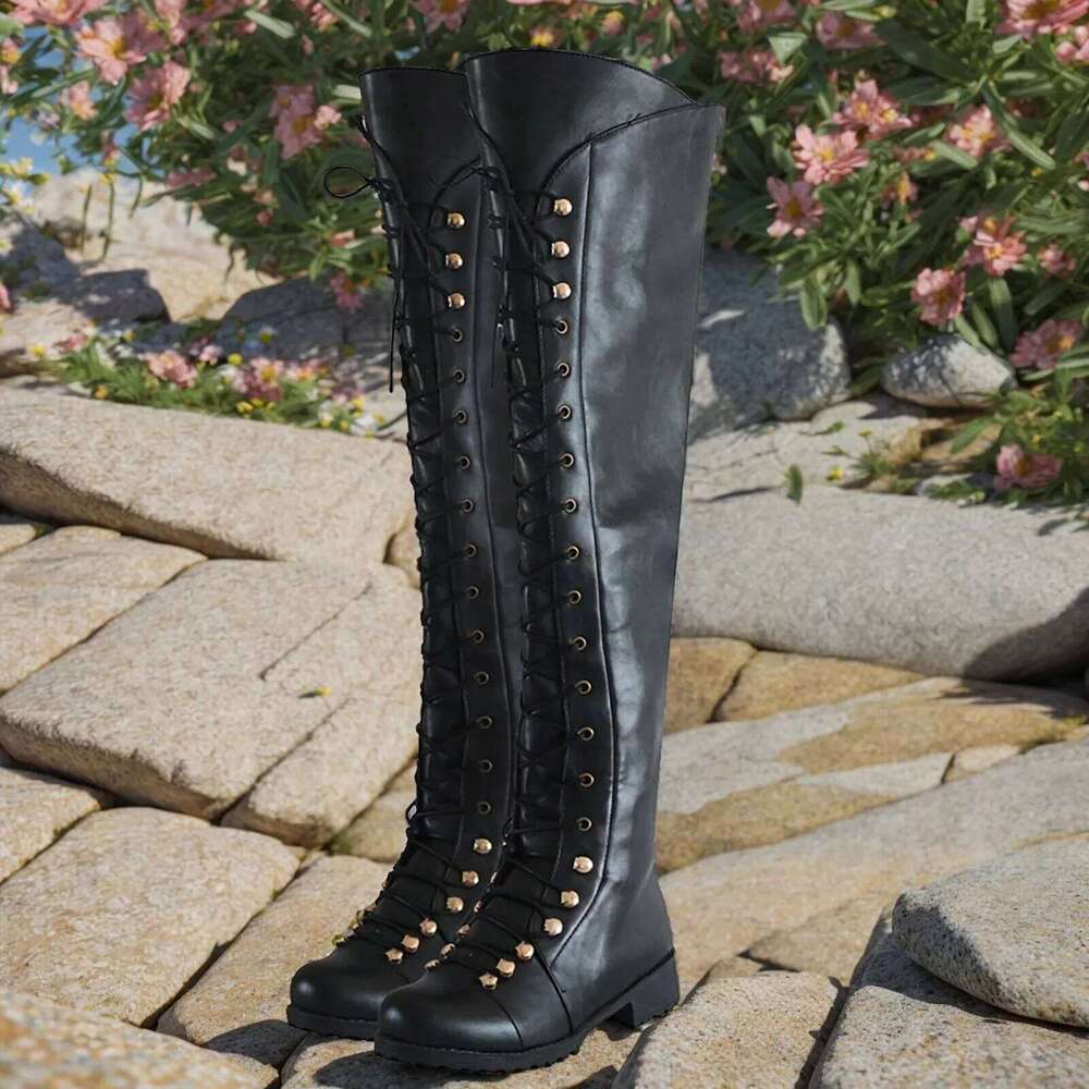 Classic Lace Up Women'S Outdoor Low Heeled Round Toe Shoes Western Bandeau Over Knee Boots Retro Tall Footwear 2024