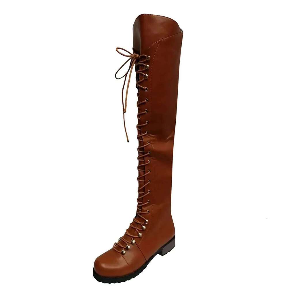 Classic Lace Up Women'S Outdoor Low Heeled Round Toe Shoes Western Bandeau Over Knee Boots Retro Tall Footwear 2024