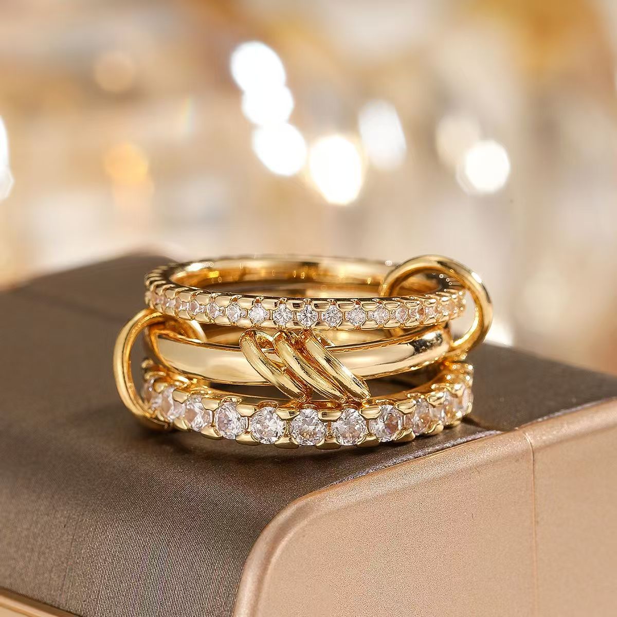New High Quality 3 Colors 4 Links Stacked Rings Micro Pave Cubic Zircon Mix Color Multi Pieces Stack Full Finger Women Jewlery