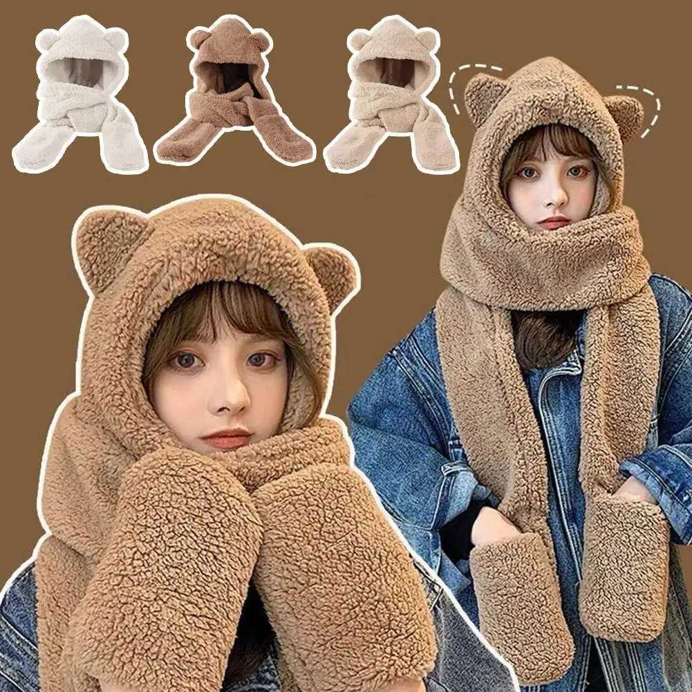 New Fashion Winter Wen Novelty Beanies Cs Warm Bear Ear Hat Casual P Hat Scarf Set Casual Solid Wen Cs Present Y250920