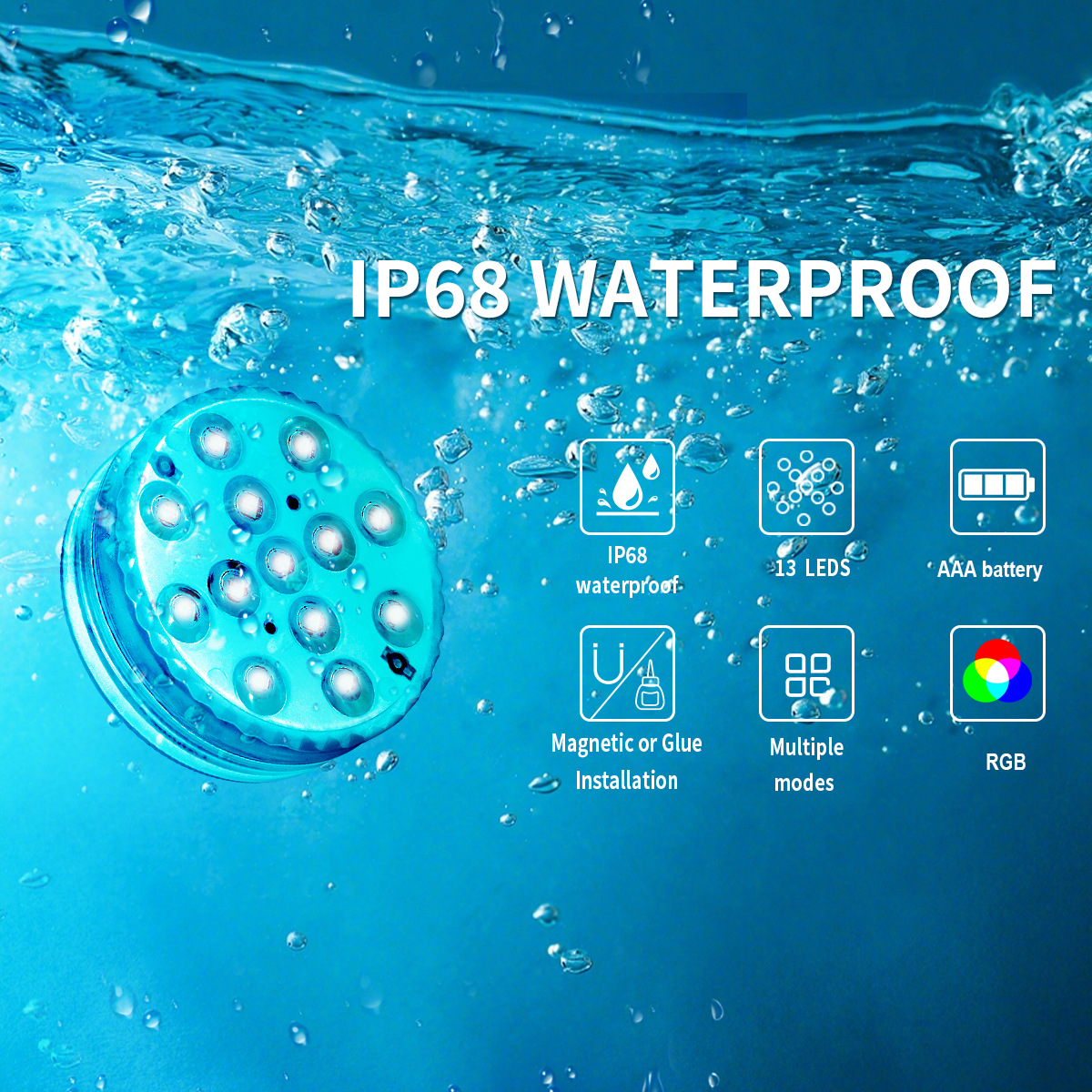Waterproof RGB Pool Light with Remote Control, Magnetic Battery Operated LED Light for Pool Garden Outdoor Decor, 13 LED Multi-Color Modes-HCP203