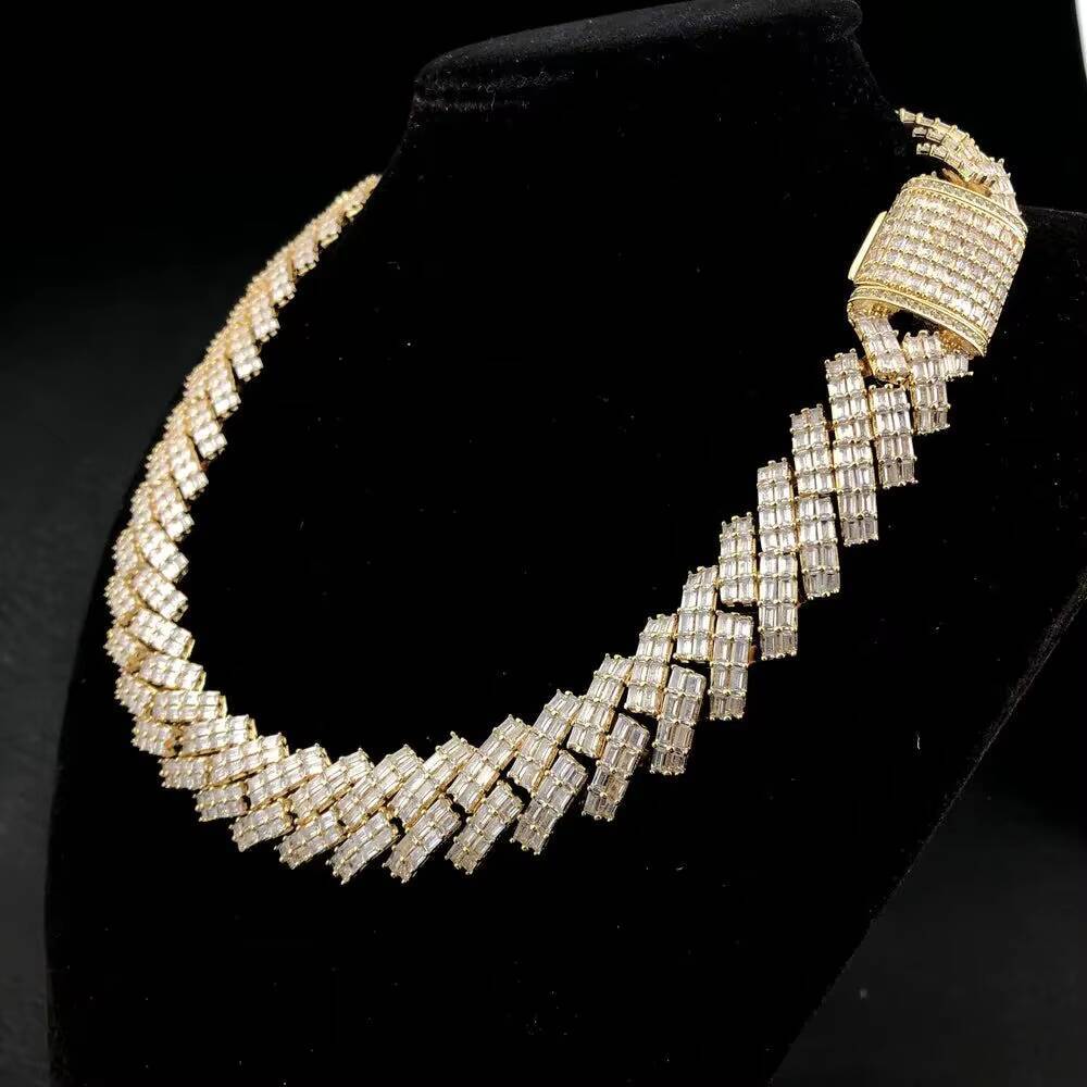 Hip Hop Rapper Jewelry 19mm 925 Silver Double Row Baguette Moissanite Miami Iced Out Cuban Chain Link Necklace