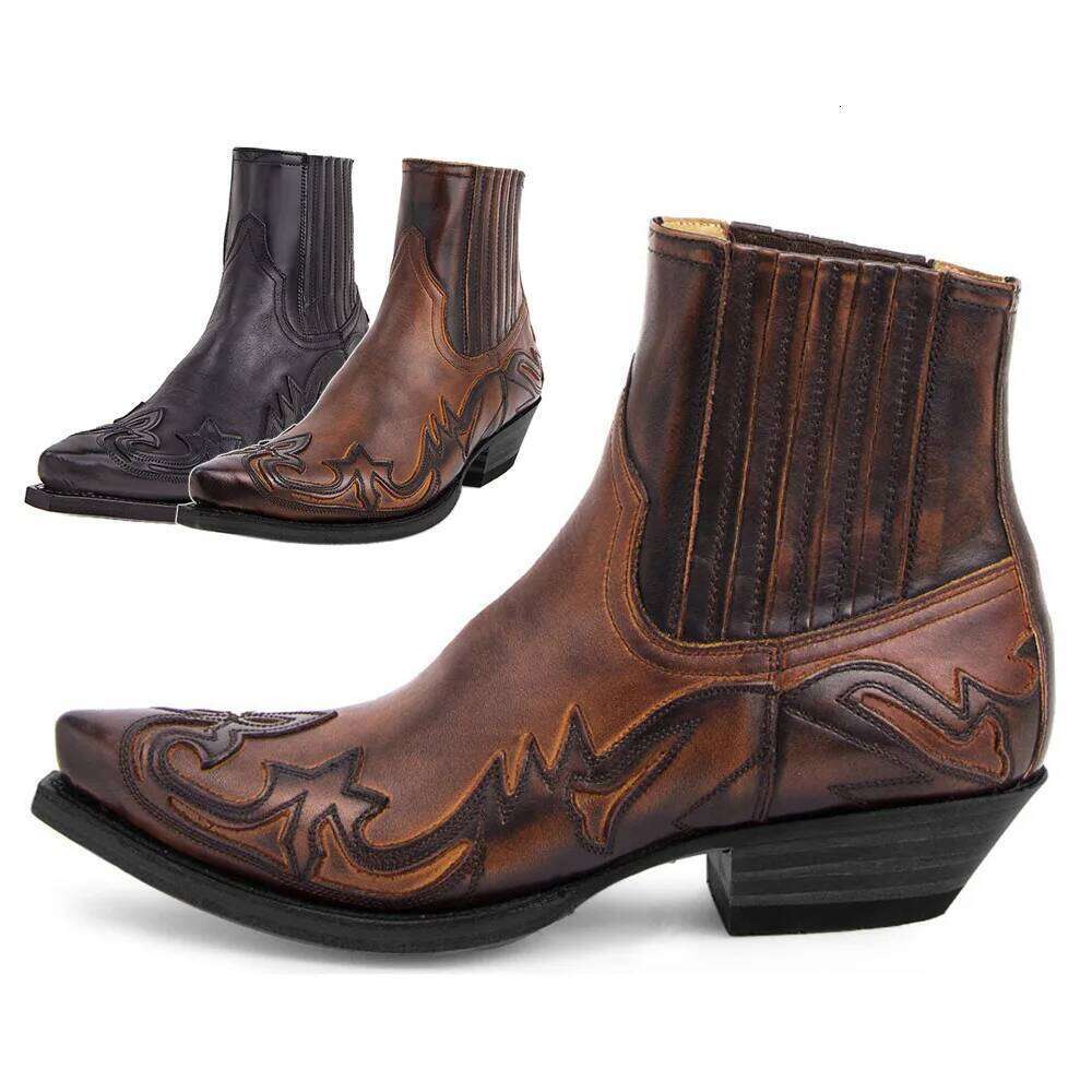 Men's Handmade Ankle Western Cowboy Boots Embroidery Pointed Shoes Unisex Wear-resistant Leather Boot Plus Size 48