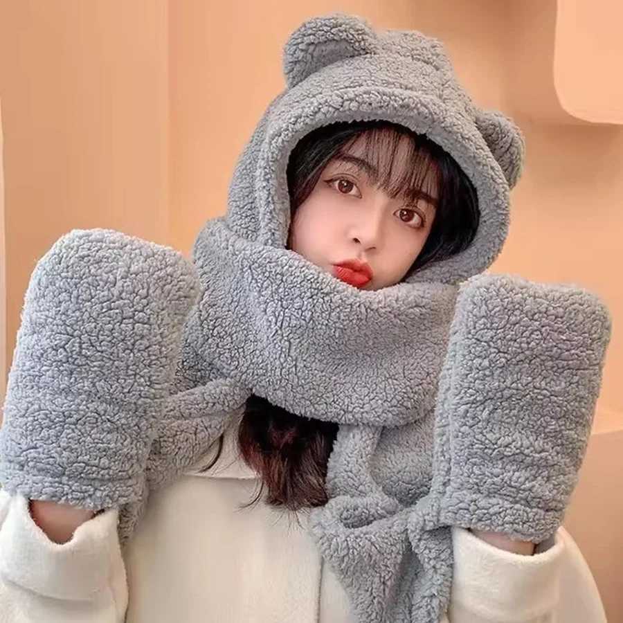 P ted bear hat scarf onepiece wens winter scarf cute winter versatile cycling warmth with p ear protection hood Y250920