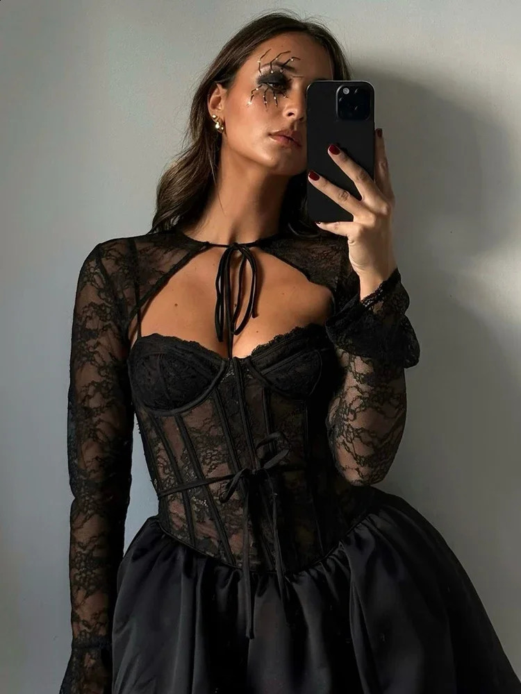 Sexy Lace Bandage Mini Dress Womens Fashion See Through Aline Dress Fishbone Splice Long Sleeve Black Gown Dresses Lady 250920