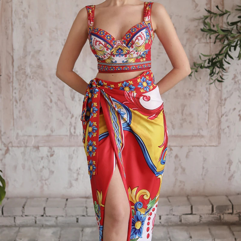 Vintage Sling Pattern Print Bikini Set Women Swimwear Push Up Swimsuit Summer Backless Bathing Suit Beach Wear 250920