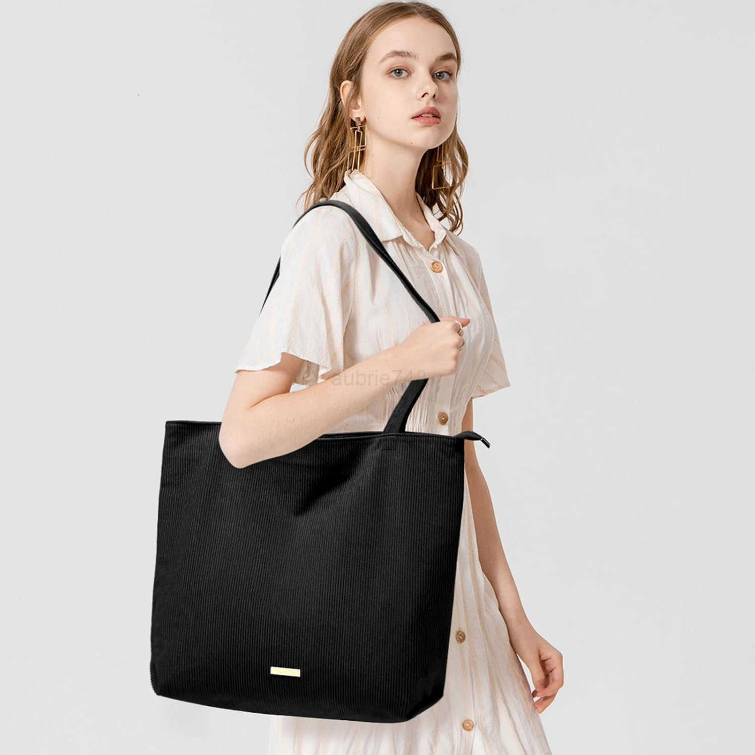 WantGor Women Corduroy Tote Bag Large Shoulder Casual Zipper Handbags Work Travel Shopping Bag with PocketsZ250920