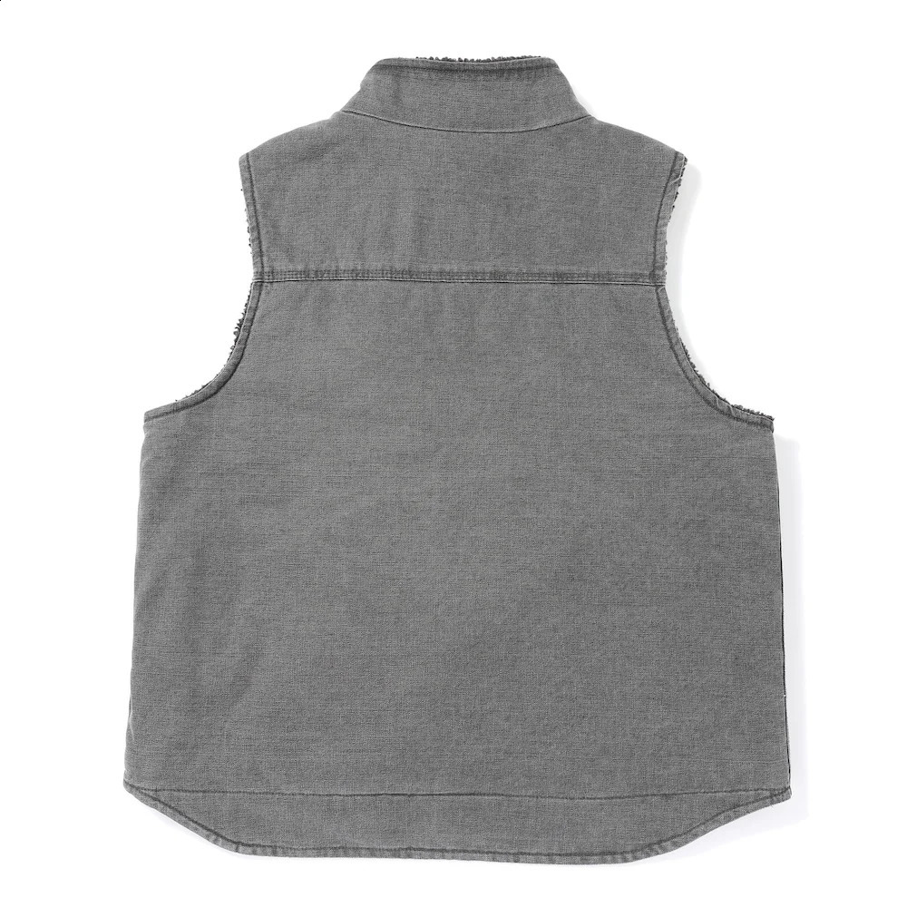 Mens sherpa lined duck cotton work vest vintage washed mock canvas hunting tactical sleeveless fleece jacket winter waistcoats 250920