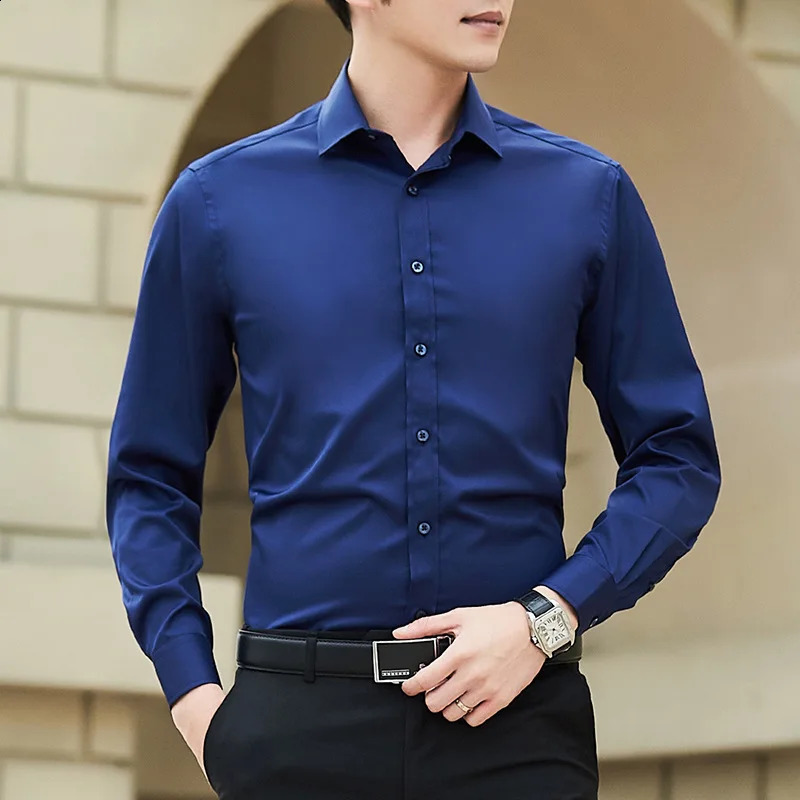 Plus Size Men Solid Color Business Shirt Fashion Classic Basic Casual Slim White Long Sleeve Shirt Clothes 250920