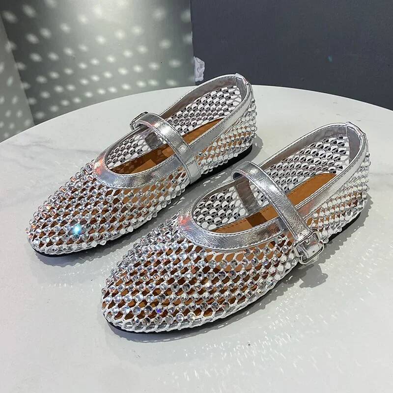 Crystal Rhinestone Fishnet Ballet Flats Woman Brand Design Rivet Mesh Mary Jane Shoes Ladies Summer Loafers Plus Size 44 ddmypanda