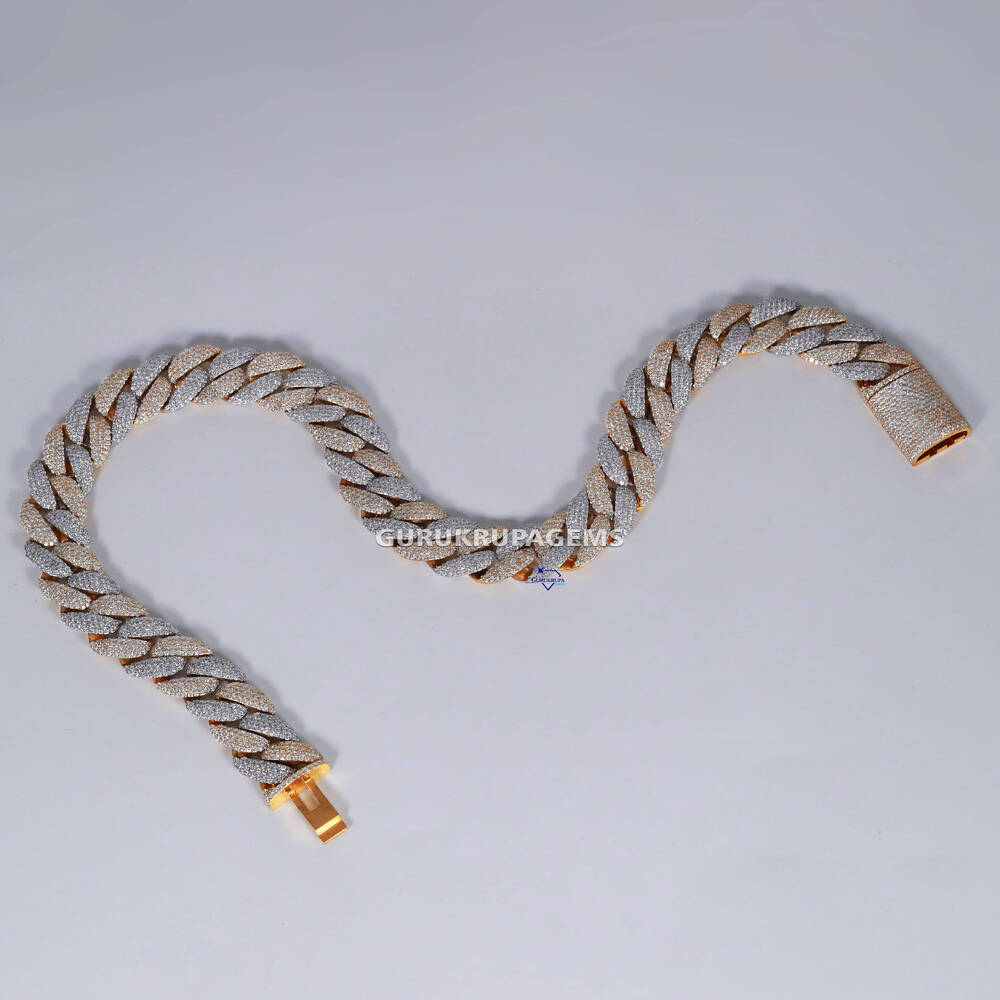 Exclusive 14 Kt Yellow and White Gold Hip Hop Cuban Party Wear Chain Enhance With Lab Grown Round Brilliant Cut Vvs Diamond