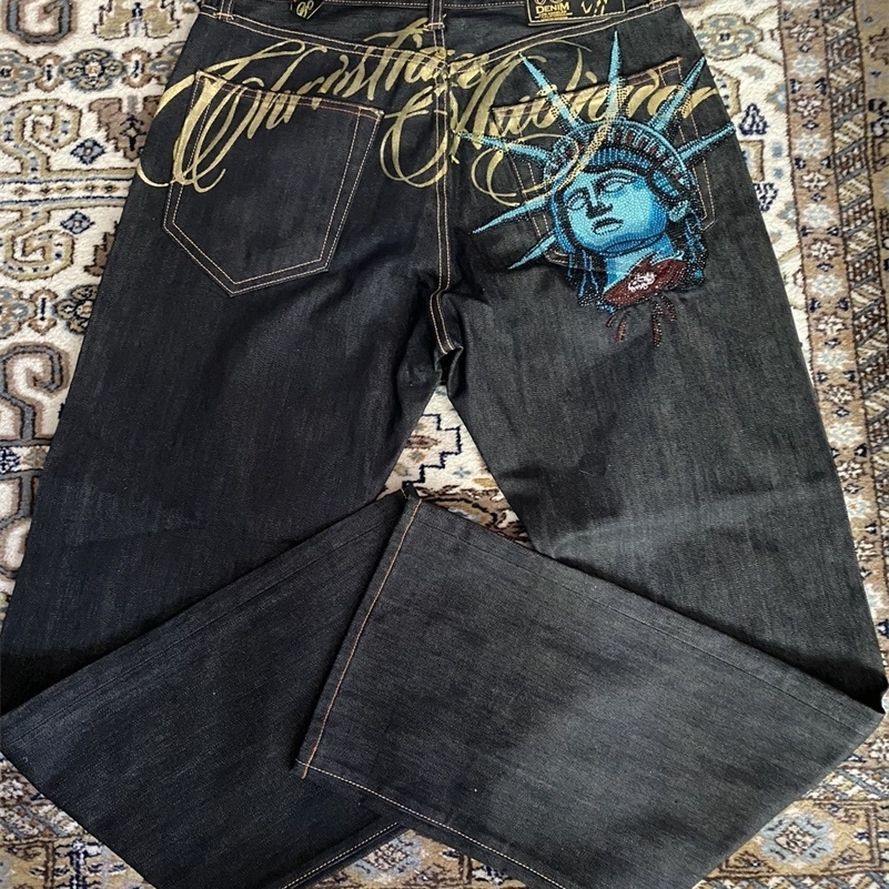 Vintage Statue of liberty Diamonds Jeans Casual Denim Pants High Waist Straight Wide Leg Jeans Harajuku Y2k 2000s Women Clothing 250919