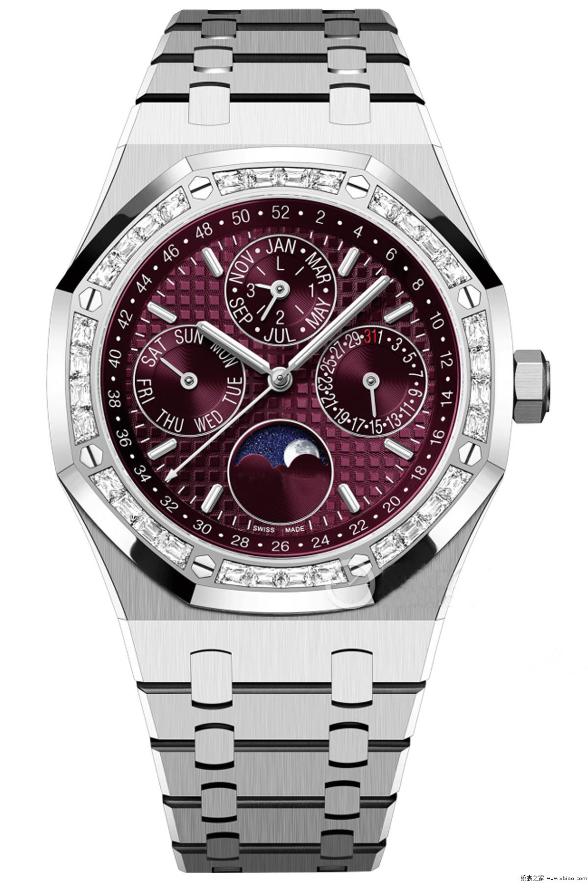 26598 Perpetual Calendar Mens Watch Diamonds Stainless Steel Cal. 5134 Automatic Burgundy Luxury Wristwatch Sapphire Crystal Power Reserve